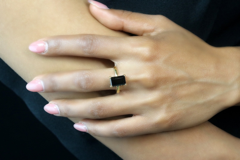 14k Rose Gold Ring · Black Onyx Ring · Gemstone Ring · Rectangle Ring · Rose Gold Stone Ring · Emerald Cut Ring · Stackable Ring image 2