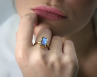 Gold Vermeil Labradorite Ring · Gold Rectangle Ring · Rectangle Stone Ring · 14k Gold Filled Ring · Mothers Day Gift Ring