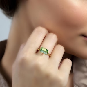 Green Tourmaline Rectangle Ring · Horizontal Emerald Cut Gold Ring · October Birthstone Solitaire Ring · Stackable Gemstone Ring for Women