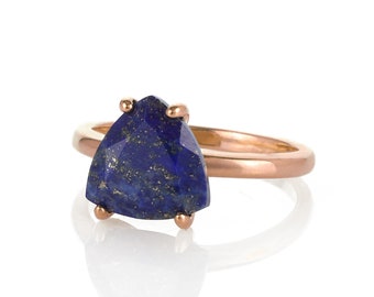 14K Shiny Rose Gold Lapis Ring · Trillion Shape Solitaire Ring · Women's September Birthstone Ring · Cocktail Ring with Triangle Stone