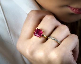 Pink Tourmaline Ring · Vermeil Gold Ring · October Birthstone Ring · Custom Square Ring · Gold Prong Ring · Cocktail Ring