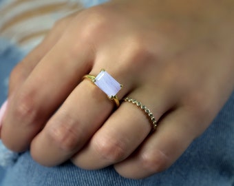 Horizontal Lace Agate Rectangle Ring · Emerald Cut Solitaire Ring · Gold Gemstone Ring For Women · Blue Agate Ring For Mom