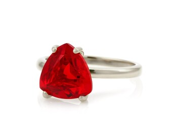 Handmade Ruby Ring · Vintage Ruby Solitaire Ring · Silver Cocktail Ring For Women · Sisters Ring Gift · Triangle Gemstone Ring Silver