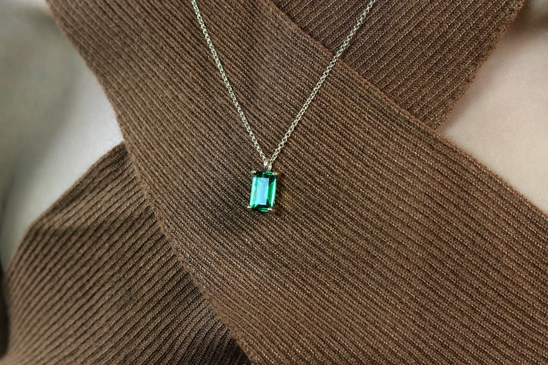 18k Emerald Stone Necklace May Birthstone Pendant Necklace Gold Emerald Necklace Emerald Cut Necklace image 5