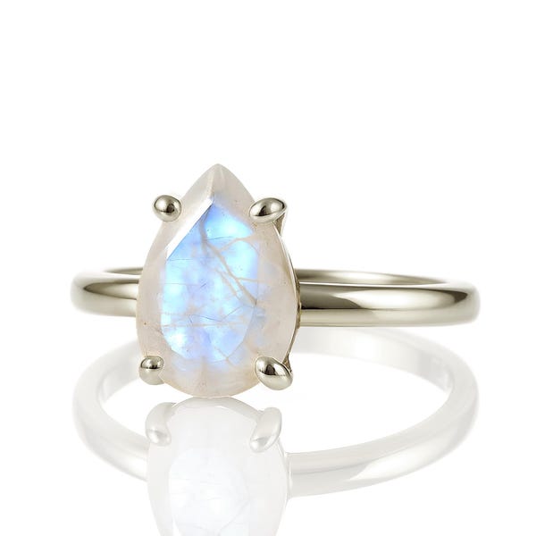 Rainbow Moonstone Ring · Silver Ring · Stack Ring · Engraved Ring · Teardrop Ring · Pear Gemstone Ring · June Birthstone Ring