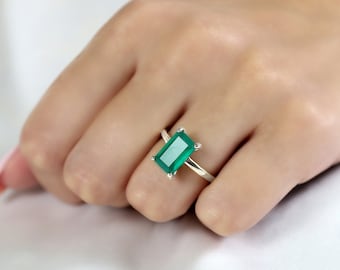 グリーンオニキス レクタングル エメラルドカット リング · スターリングシルバー ソリティアリング · カクテルジェムストーンリング · 女性用エンゲージリング