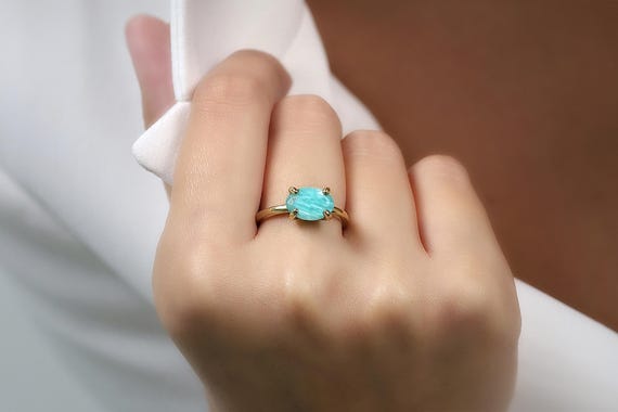 Natural Russian Amazonite Gemstone Ring · Gold Oval Cut Ring · 18k Engagement Ring · 24k Promise Ring · Amazonite Stone Ring