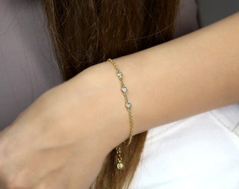 Triple CZ Minimalist Bracelet · 14k Gold Cubic Zirconia Chain Bracelet · Three Stone Bracelet · Gift for Mom