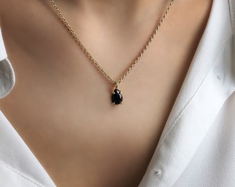 18k Black Onyx Necklace · Black Gemstone Necklace · Black Onyx Pear Pendant · Solitaire Pendant Necklace · Teardrop Pendant