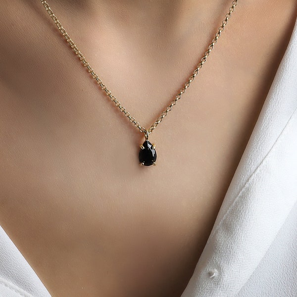 18k Black Onyx Necklace · Black Gemstone Necklace · Black Onyx Pear Pendant · Solitaire Pendant Necklace · Teardrop Pendant