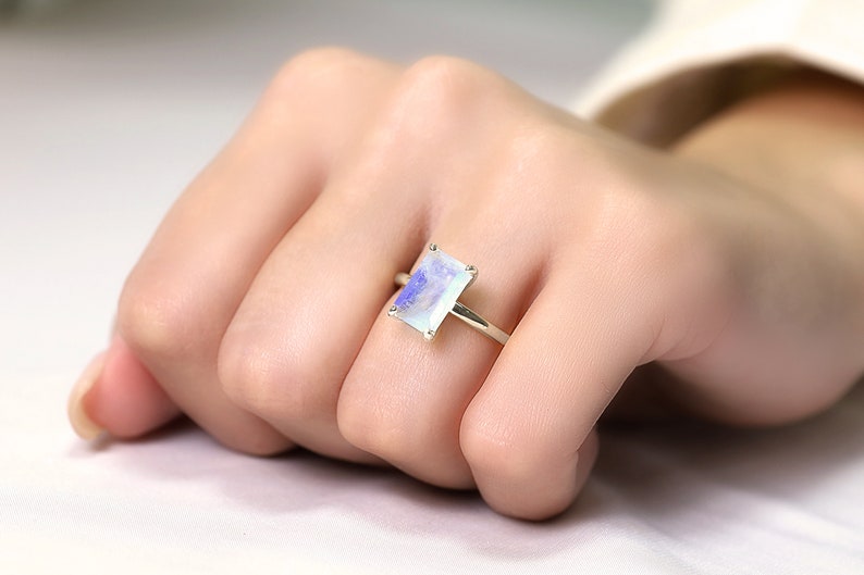 Sterling Silver Moonstone Ring June Birthstone Ring Gemstone Ring Rectangle Moonstone Ring image 2