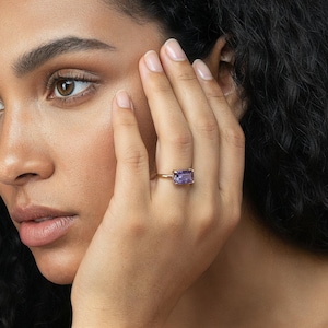 February Birthstone Ring · Amethyst Ring · Rectangle Ring · Prong Setting Ring · Gold Cocktail Ring · 14k Yellow Gold Ring