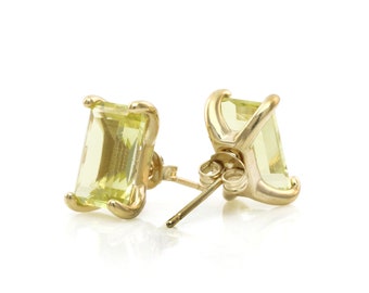 Emerald Cut Yellow Lemon Quartz Stud Earrings · 14k Lemon Quartz Earrings · Post Gold Earrings For Bridal · 18k Bridesmaid Earrings