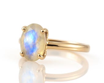 Anillo de piedra lunar de oro rosa · Anillo de piedra lunar arcoíris · Anillo de compromiso · Anillo de piedra simple · Anillo de promesa de oro macizo