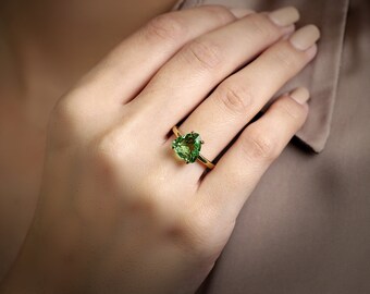 Green Tourmaline Trillion Ring · October Birthstone Ring · Solitaire Ring with Gemstone · Triangle Ring · Green Ring · Gold Gemstone Ring