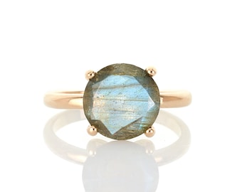 Labradorite Gemstone Ring · Pink Rose Gold Solitaire Ring · Vintage Promise Ring · 14K Pink Gold Proposal Ring