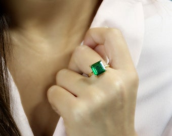 Anello con smeraldo quadrato · Anello con pietra preziosa in oro 24 carati · Anello con smeraldo taglio quadrato per donna · Anello con pietra portafortuna di maggio, regalo
