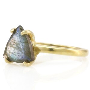 May include: A gold ring with a triangular iridescent labradorite gemstone.