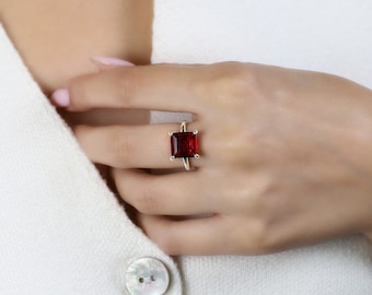 Sterling Silver Square Garnet Ring · Solitaire Ring · Deep Red Garnet Ring · January Birthstone Ring · Princess Cut Ring