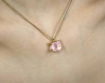 Pink Self Love Gemstone Necklace · Long Dainty Rose Quartz Necklace · Pink Quartz Pendant Necklace · Square Cut Rose Quartz Necklace
