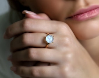 June Birthstone Rainbow Moonstone Ring · Stackable Solitaire Engagement Ring · Rose Gold Pink Gemstone Ring · Semiprecious Ring for Women