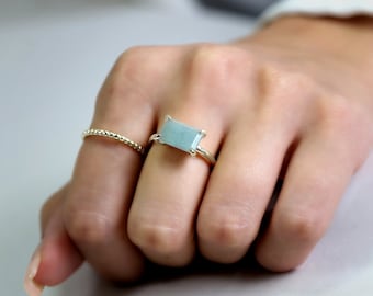 Sterling Silver Aquamarine Ring · Rectangle Solitaire Ring · March Birthstone Ring · Aqua Blue Semiprecious Ring