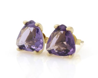 Triangle Cut Amethyst Earrings · 14k Gold Amethyst Earrings · February Birthstone Stud Earrings · Trillion Earrings For Women