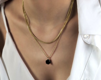 Hexagonal Black Onyx Necklace · Semiprecious Onyx Pendant · 18k Vermeil Gold Pendant Necklace · Gemstone Pendant