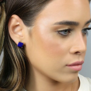 Square Lapis Earrings · 18k Solid Gold Earrings · Gold Lapis Lazuli Earrings · Lapis Stud Earrings · Gold Vermeil Gemstone Earrings