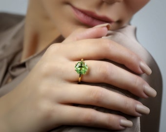 Green Tourmaline Ring · Hexagon Cut Solitaire Ring · October Birthstone Ring for Women · Stackable Delicate Ring