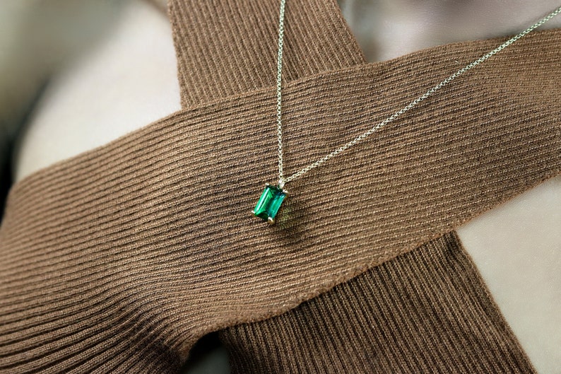 18k Emerald Stone Necklace May Birthstone Pendant Necklace Gold Emerald Necklace Emerald Cut Necklace image 1