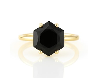 Black Onyx Ring Gold Ring · Hexagon Cut Black Gemstone Ring · 18k Solitaire Ring · Hexagon Prong Set Ring For Women