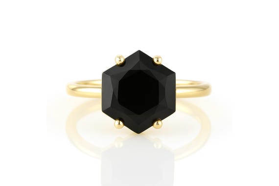 Black Onyx Ring Gold Ring · Hexagon Cut Black Gemstone Ring · 18k Solitaire Ring · Hexagon Prong Set Ring For Women