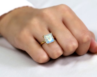 Square Cut Moonstone Ring · Sparkling Rainbow Moonstone Ring · Princess Cut Ring · Vintage Gemstone Ring · June Birthstone Ring