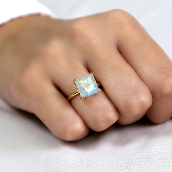 Square Cut Moonstone Ring · Sparkling Rainbow Moonstone Ring · Princess Cut Ring · Vintage Gemstone Ring · June Birthstone Ring