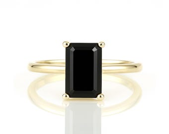 Black Onyx Ring · Custom Emerald Cut Rectangle Gold Ring · Custom Stacking Ring with Black Onyx · Semiprecious Gemstone Ring