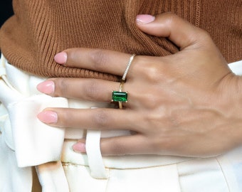 Emerald Gemstone Ring · Rectangle Solitaire Ring · 18k Gold Engagement Ring · 14k Yellow Gold Ring · May Birthstone Ring