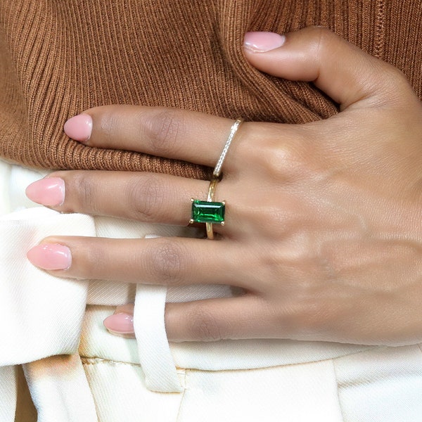 Emerald Gemstone Ring · Rectangle Solitaire Ring · 18k Gold Engagement Ring · 14k Yellow Gold Ring · May Birthstone Ring