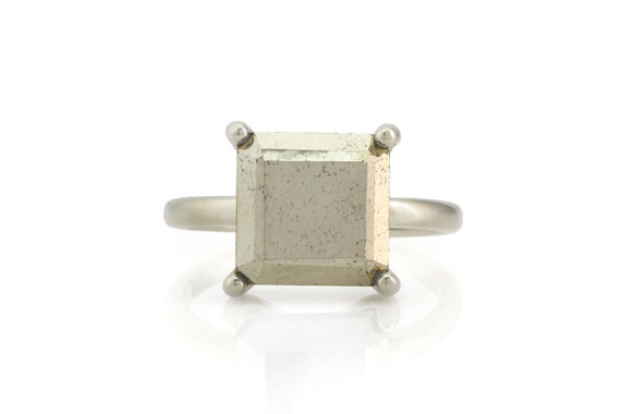 Pyrite Ring · Square Grey Ring · Gemstone Ring · Natural Stone Ring · Semiprecious Ring · Cocktail Ring · Pyrite Jewelry · Prong Ring