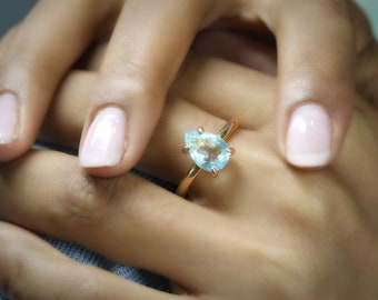 Bright Pink Rose Gold Ring · Swiss Blue Topaz Ring · Solid Gold Ring Topaz · November Birthstone Ring · Pear Cut Ring · Prong Ring Rose Gold