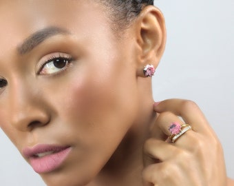 Hexagon Cut Stud Post Rhodonite Earrings · 18k Gold Gemstone Earrings · Pink Raw Natural Stone Earrings · Handmade Earrings