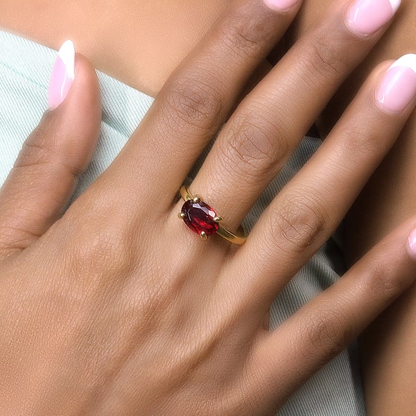 Garnet Rings For Women · Garnet Ring Gold · Rhodolite Garnet Ring · Sideways Oval Cut Gemstone Ring · Garnet Engagement Ring Gold