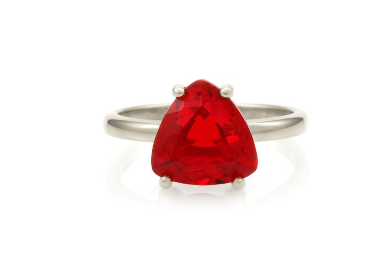 Handmade Ruby Ring · Vintage Ruby Solitaire Ring · Silver Cocktail Ring For Women · Sisters Ring Gift · Triangle Gemstone Ring Silver image 3