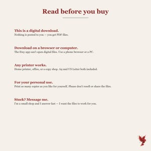 May include: An informational graphic with dark red text on a light background titled Read before you buy. It explains that this is a digital download, requires a browser for access, is compatible with any printer, is for personal use, and offers support.