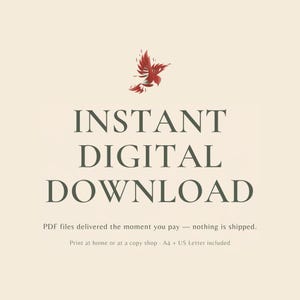 Puede incluir: Un gr&aacute;fico digital con una ilustraci&oacute;n de un peque&ntilde;o p&aacute;jaro rojo en la parte superior, con el texto verde oscuro "INSTANT DIGITAL DOWNLOAD" centrado debajo. El texto m&aacute;s peque&ntilde;o dice "PDF files delivered the moment you pay - nothing is shipped. Print at home or at a copy shop - A4 + US Letter included."