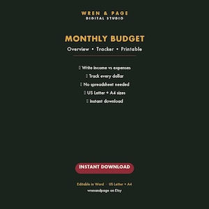 May include: A dark green digital monthly budget planner template by Wren & Page Digital Studio. Features include income and expense tracking, US Letter and A4 sizes, and instant download. The text is white and yellow, with a red instant download button.