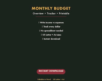 Monthly Budget Tracker Printable, Simple Budget Planner with Sinking Funds, Expense Tracker & Savings Goals - A4 + US Letter PDF