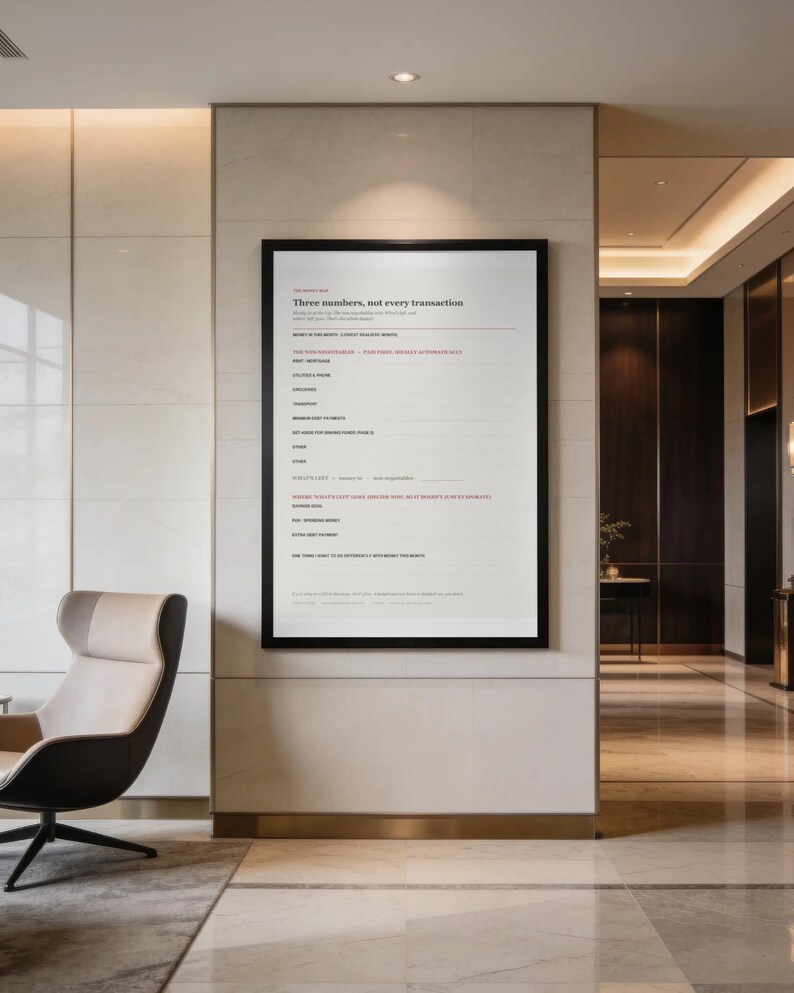 May include: A framed wall art print featuring a financial planning template with the heading Three numbers, not every transaction. The text includes categories like rent, mortgage, utilities, groceries, transport, and spending money in black and red.