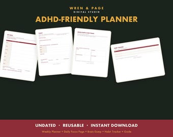 Paquete imprimible de planificador para TDAH, planificador semanal sin fechas, cuaderno de trabajo para el enfoque diario, lluvia de ideas y seguimiento de hábitos para adultos - Descarga instantánea en PDF