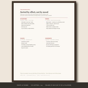 Puede incluir: Una impresi&oacute;n enmarcada titulada The Dopamine Menu, que presenta una lista ordenada por esfuerzo en lugar de por estado de &aacute;nimo. El texto est&aacute; organizado en secciones llamadas Starters, Sides, Mains y Desserts, con sugerencias de actividades en un marco marr&oacute;n.